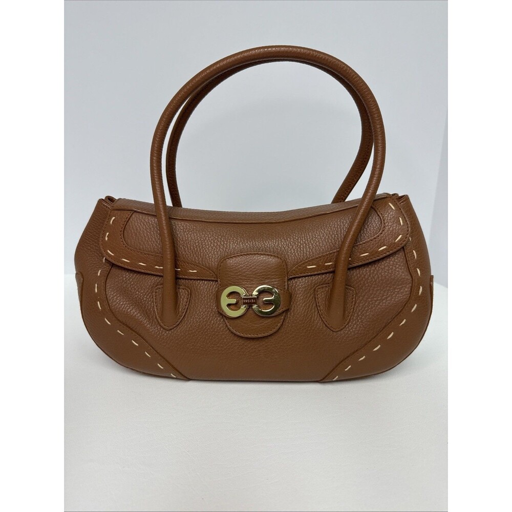 Escada Brown Pebble Leather Stitch Trim Front Flap Gold Hardware Satchel Handbag